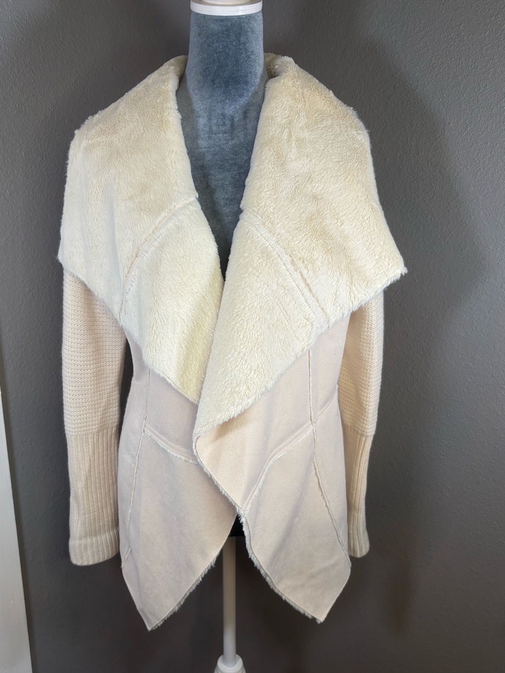 Knox Rose Cream Faux-Suede & Faux Fur Draped Open Front Jacket Size M